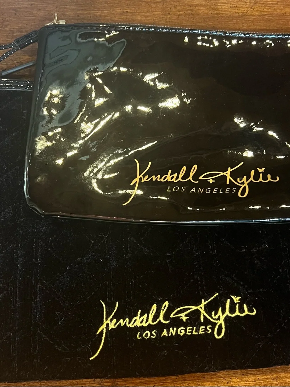 Kendall & Kylie Black Patent Cosmetic Pouch Duo with Gold Logo New